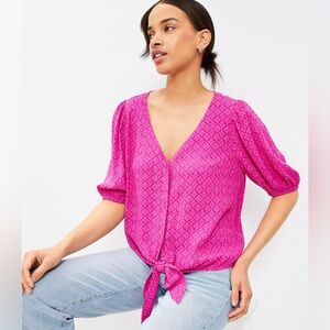 LOFT Hot Pink Puff Sleeves Tie Front Crop Business Casual Button Up Top Medium